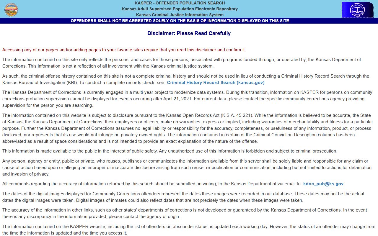 Kansas KASPER Seward County inmate population state locator